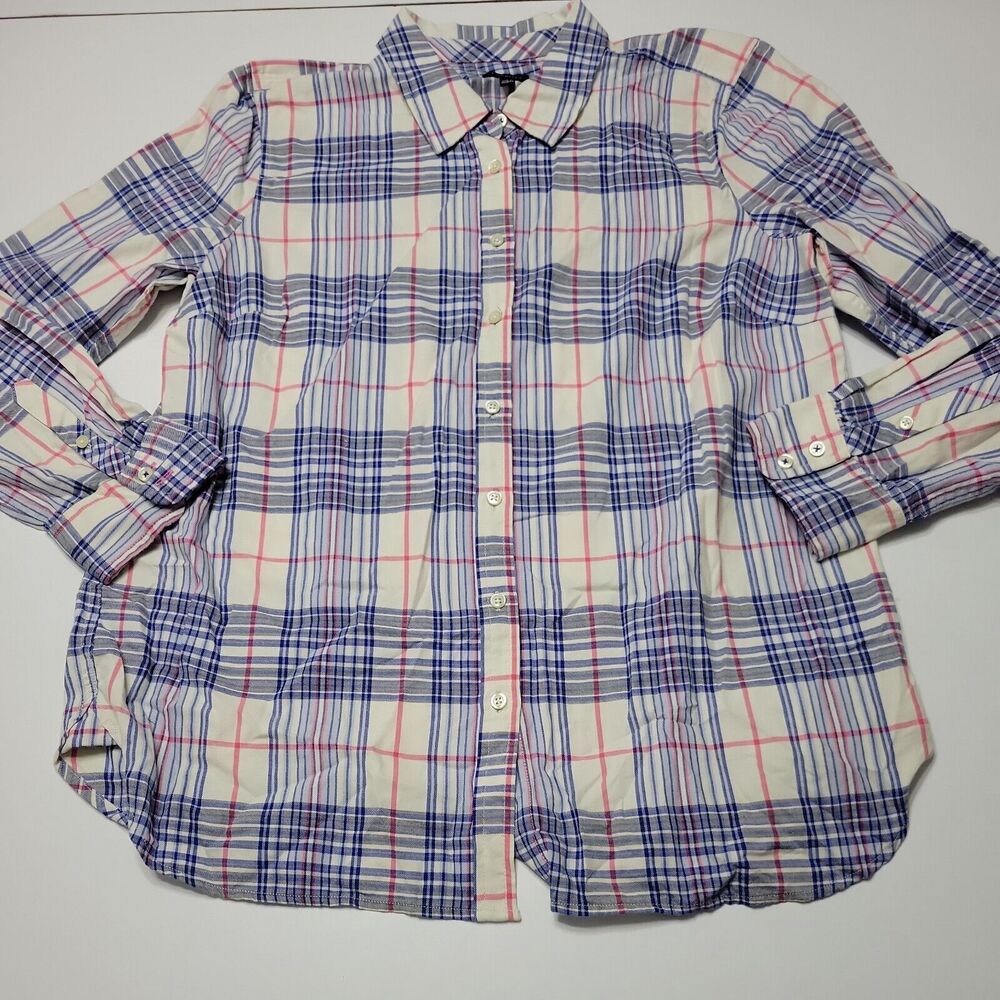 Talbots Womens L Button Front Shirt White Plaid Herringbone Long Sleeve Collar